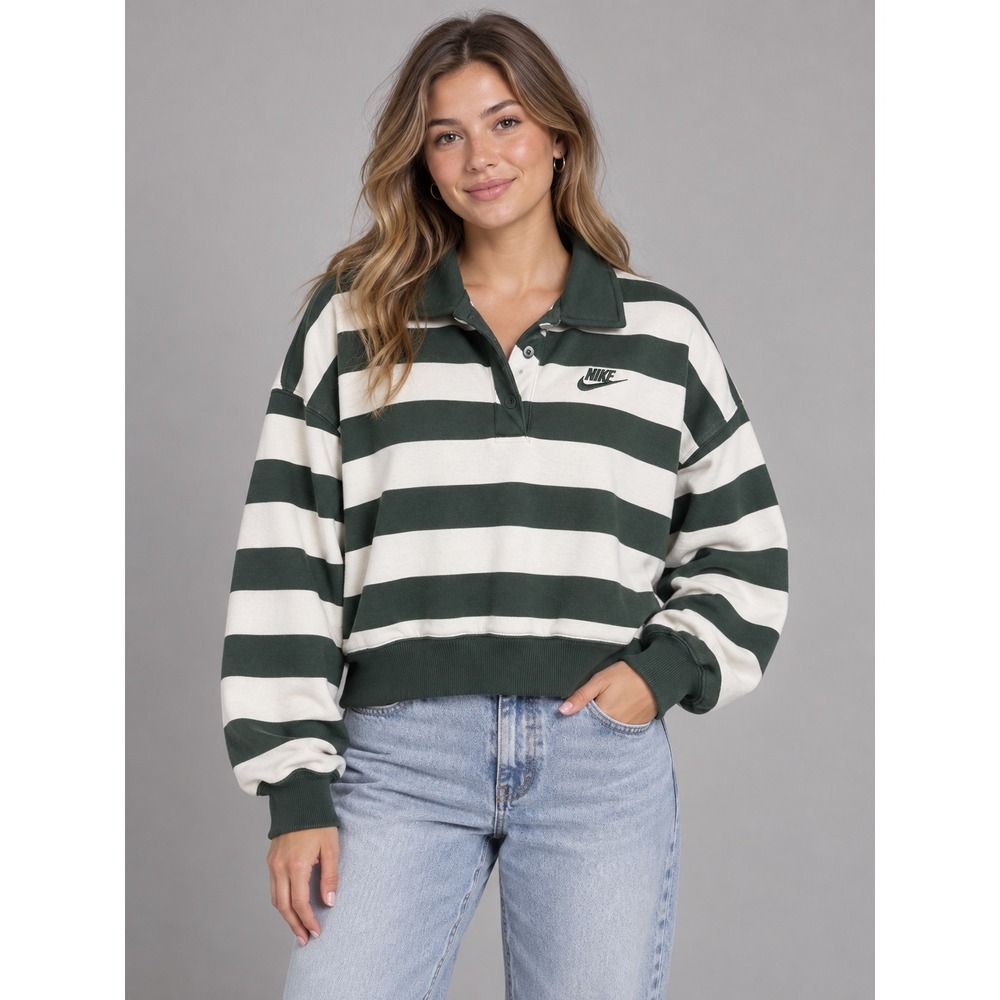 Nike Womens Cropped Rugby Sweatshirt Green White Striped Polo Fleece Large